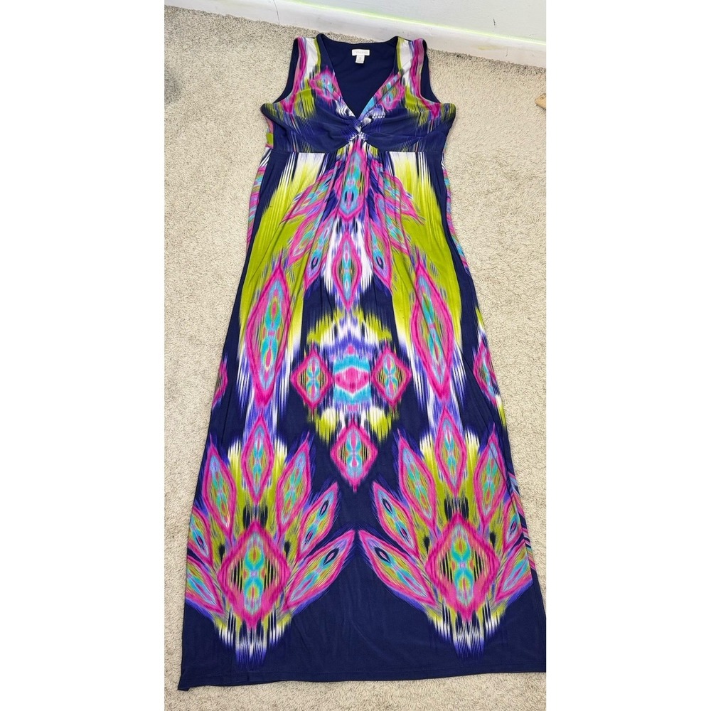 Chicos Sleeveless Ikat Print Twist Front V-Neck Maxi Dress Multicolor Womens L - Picture 9 of 13